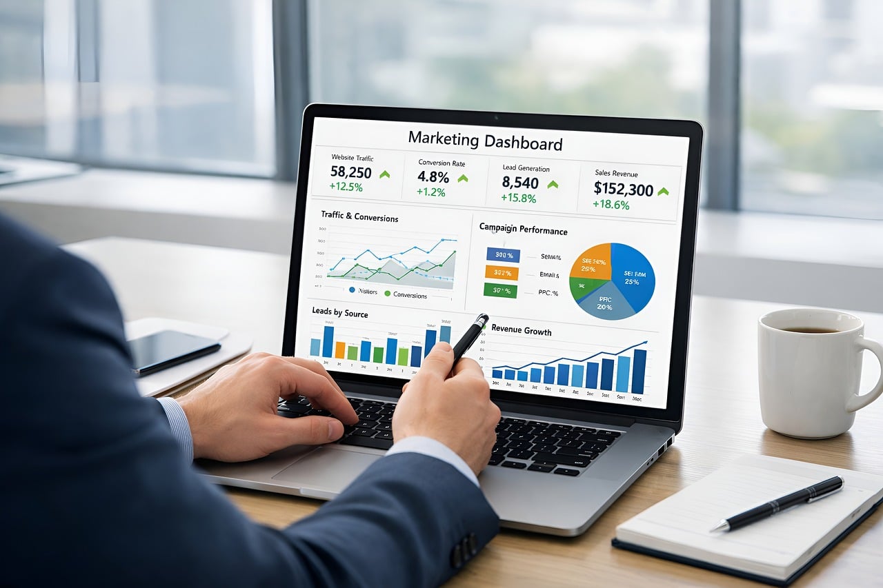 Painel de controle de marketing digital com dados de leads orgânicos e conversões