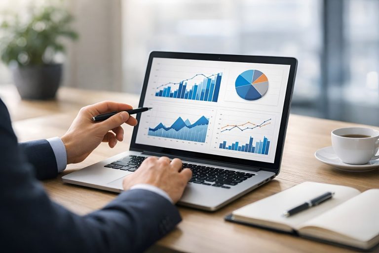 Relatório de SEO em laptop com gráficos e métricas para acompanhar o resultado do site